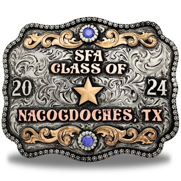 A custom western belt buckle for SFA Class of 2024 Nacocdoches, Texas, featuring a golden bronze star figure